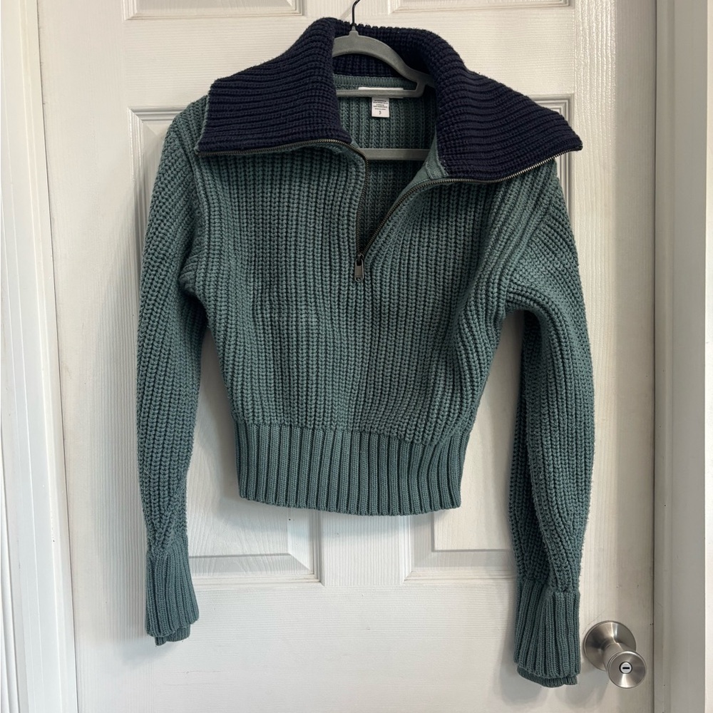 Athleta Alder Sweater Ribbed Knit Teal Cropped Quarter-Zip Navy Collar Small